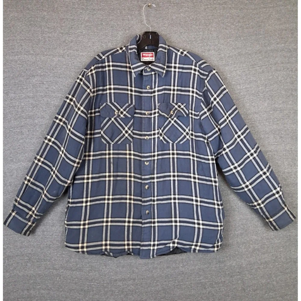 Wrangler Mens Jacket M Blue Plaid Quilted Lined Shacket Chore Flaw Casual Work